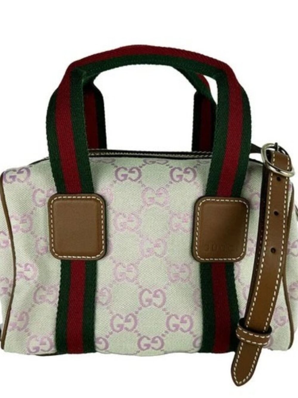 Auth GUCCI Sherry Line Handbag Shoulder Bag Green/Pink/Brown Canvas - z10861